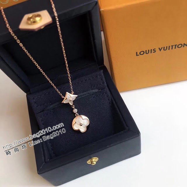 Louis Vuitton純銀飾品 路易威登經典老花白貝母單鑽雙花項鏈 LV四葉草鏈條吊墜鎖骨鏈  zglv1962